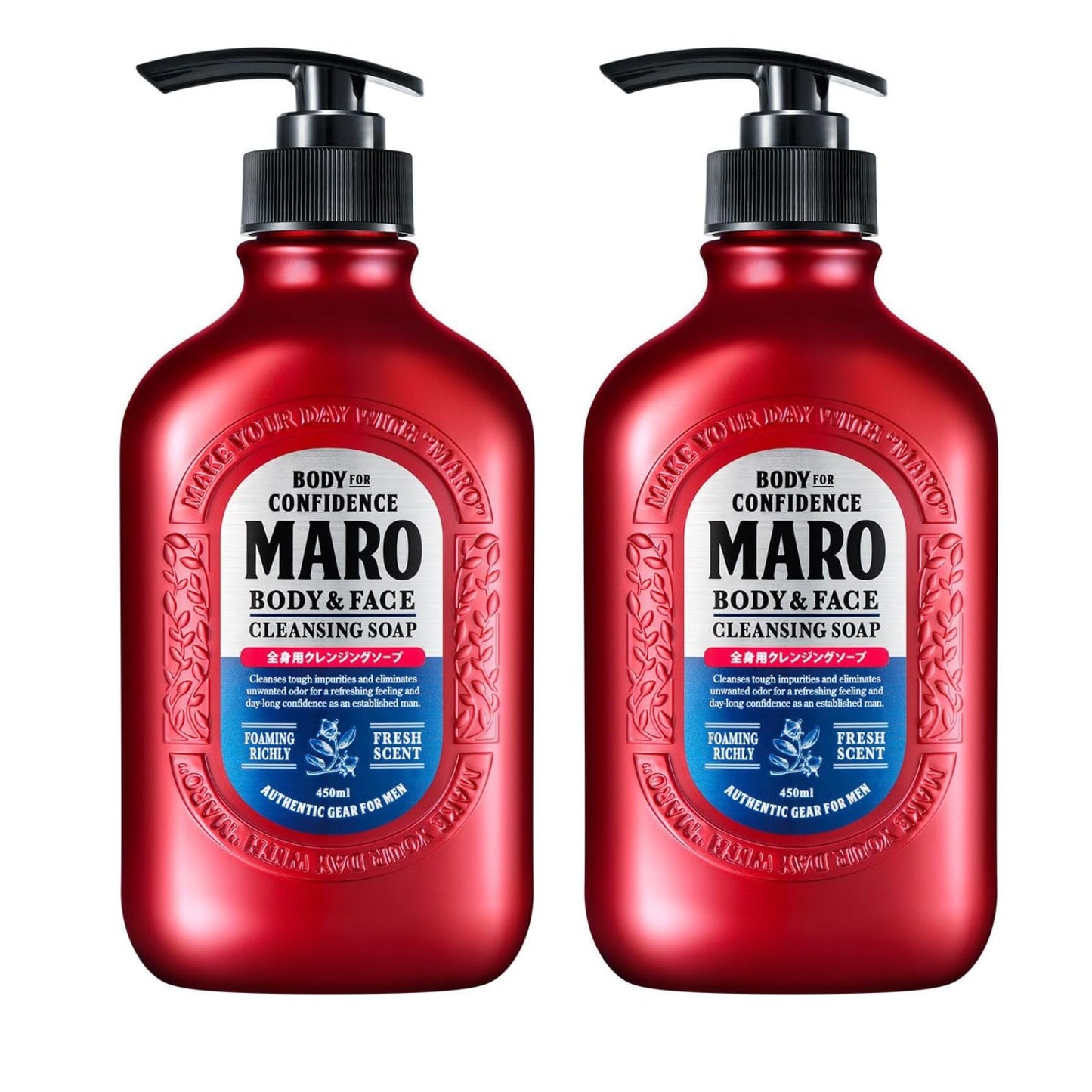 MARO Body & Face Cleansing Soap (2-Pack) | All-In-One Mens Bodywash & Face Wash Shower Gel, Fresh Scent Mens Body Soap That Removes Dirt & Oil for Invigorated & Renewed Skin, Bodywash Gifts for Men