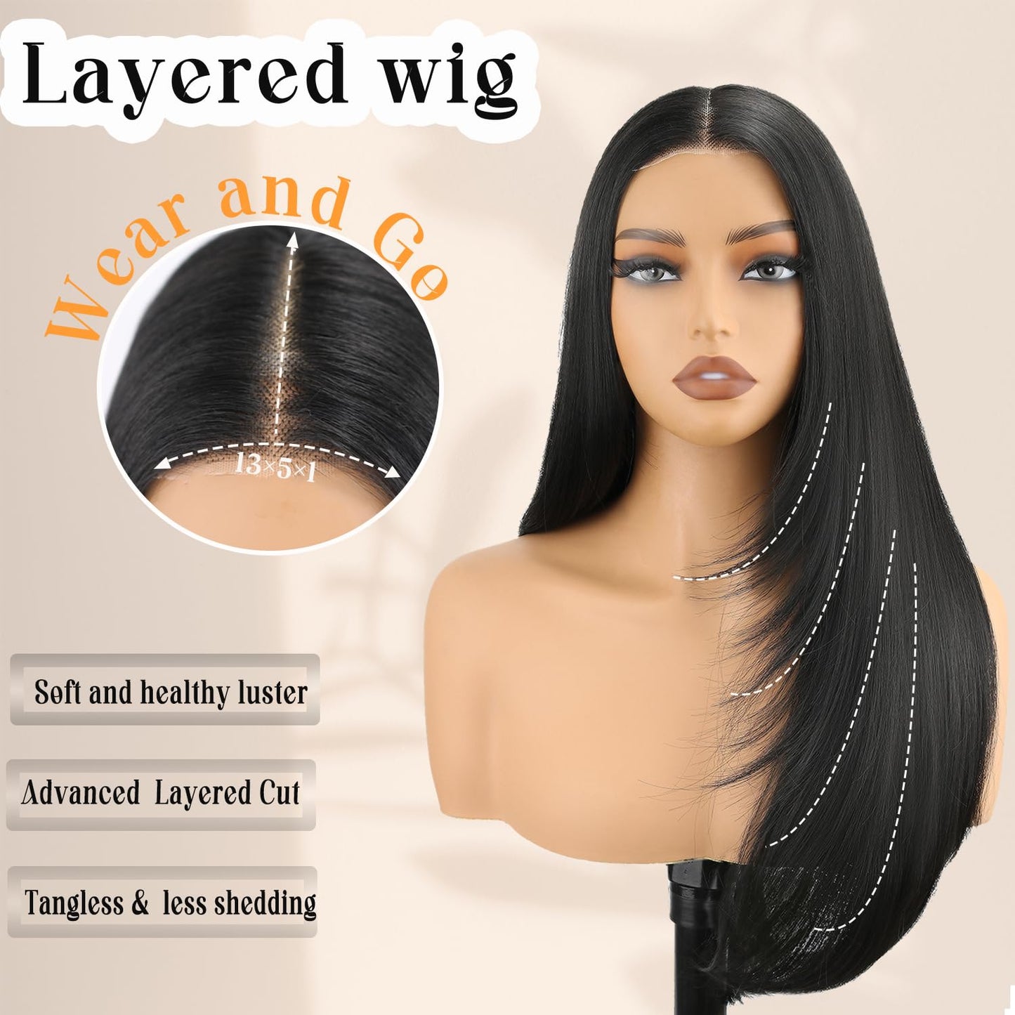 NOSTALGIA Black Glueless Lace Front Wig - 26 Inch Straight Synthetic Layered Style for Women