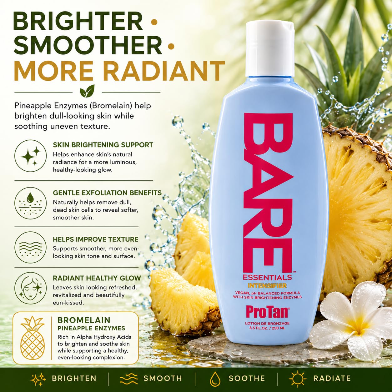 Pro Tan Bare Essentials Intensifier Tanning Lotion 8.5 fl oz – Vegan pH Balanced Formula with Aloe, Coconut Oil, Jojoba & Vitamins – Indoor Outdoor Tan Enhancer with Skin Brightening Enzymes