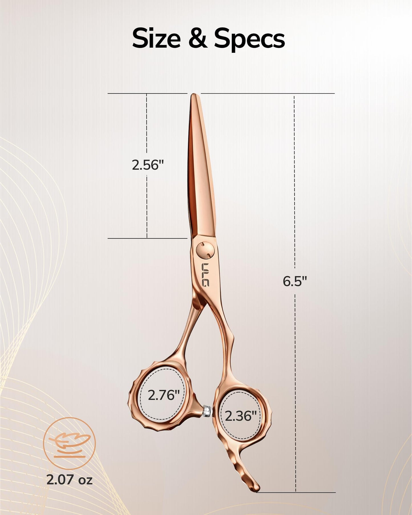 ULG Professional Hair Cutting Scissors with Luxury 18K Rose Gold Finish 6.5" Barber Scissors 440C Japanese Stainless Steel Hand-Honed Razor Sharp Blades Offset Handles Tension Adjustable, Right-Handed