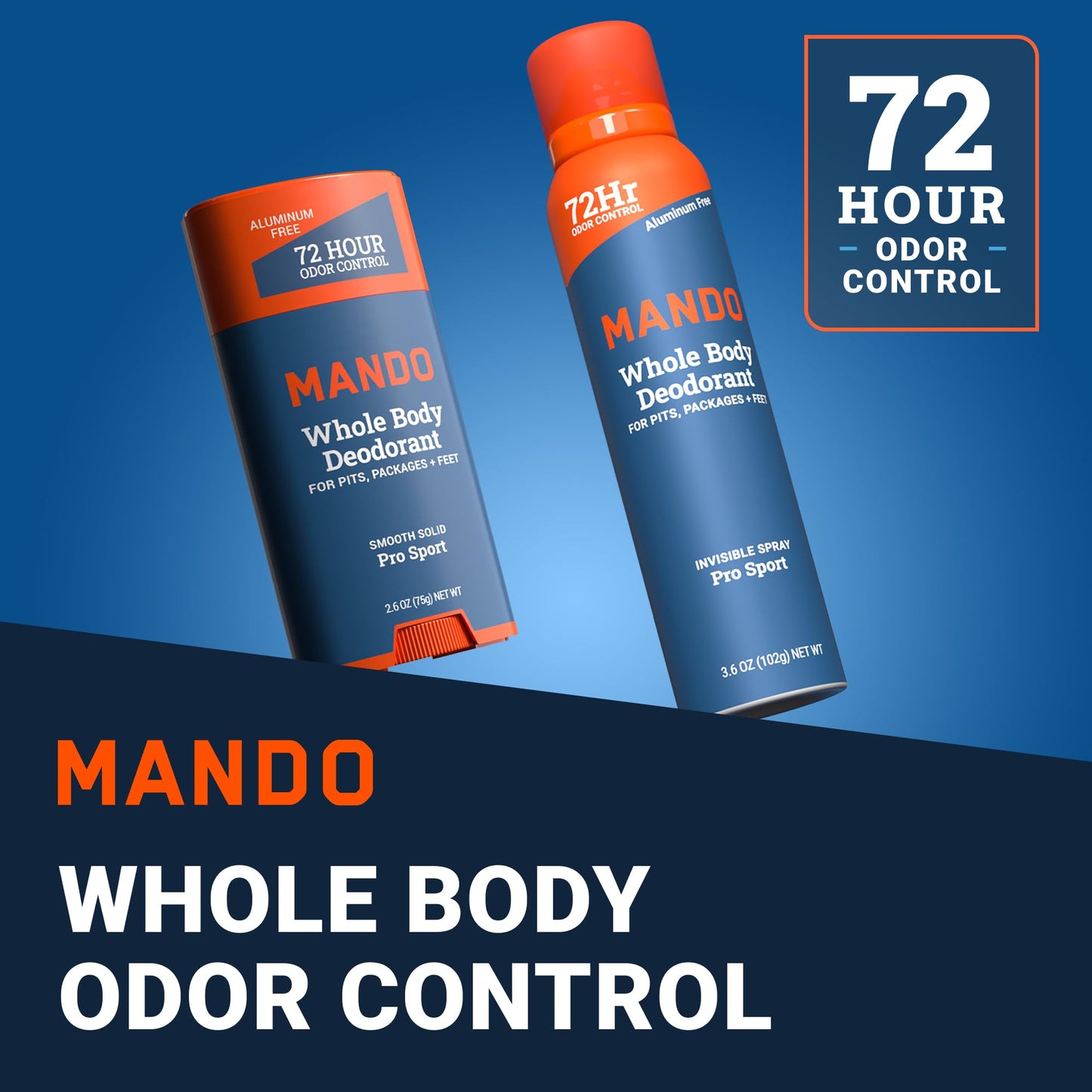 Mando Whole Body Deodorant Two-Piece System - 2.6 oz Smooth Solid Stick and 3.6 oz Deodorant Spray - Aluminum and Baking Soda Free Odor Control - Doctor Developed - 2 Piece Bundle (Pro Sport)