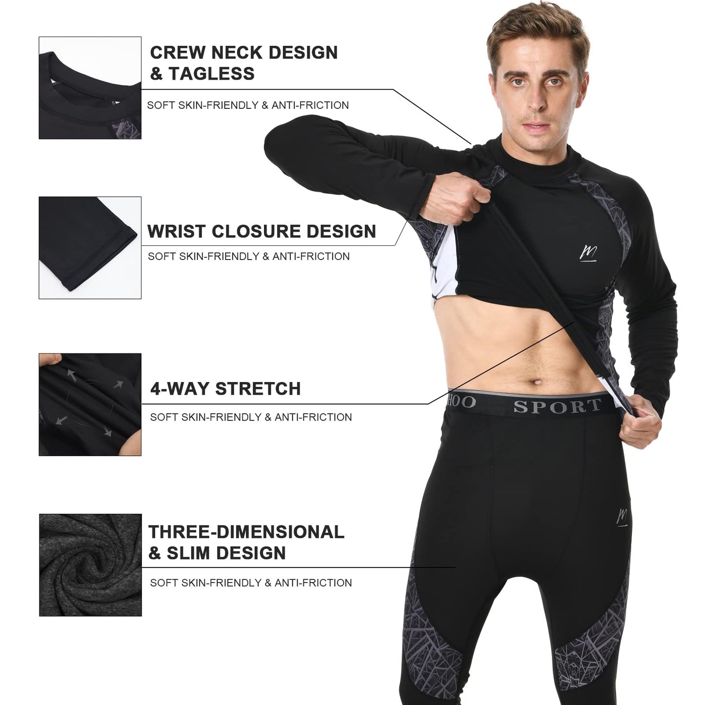 MeetHoo Men's Thermal Underwear Set Sport Long Johns Base Layer Bottom Top for Skiing Running Green
