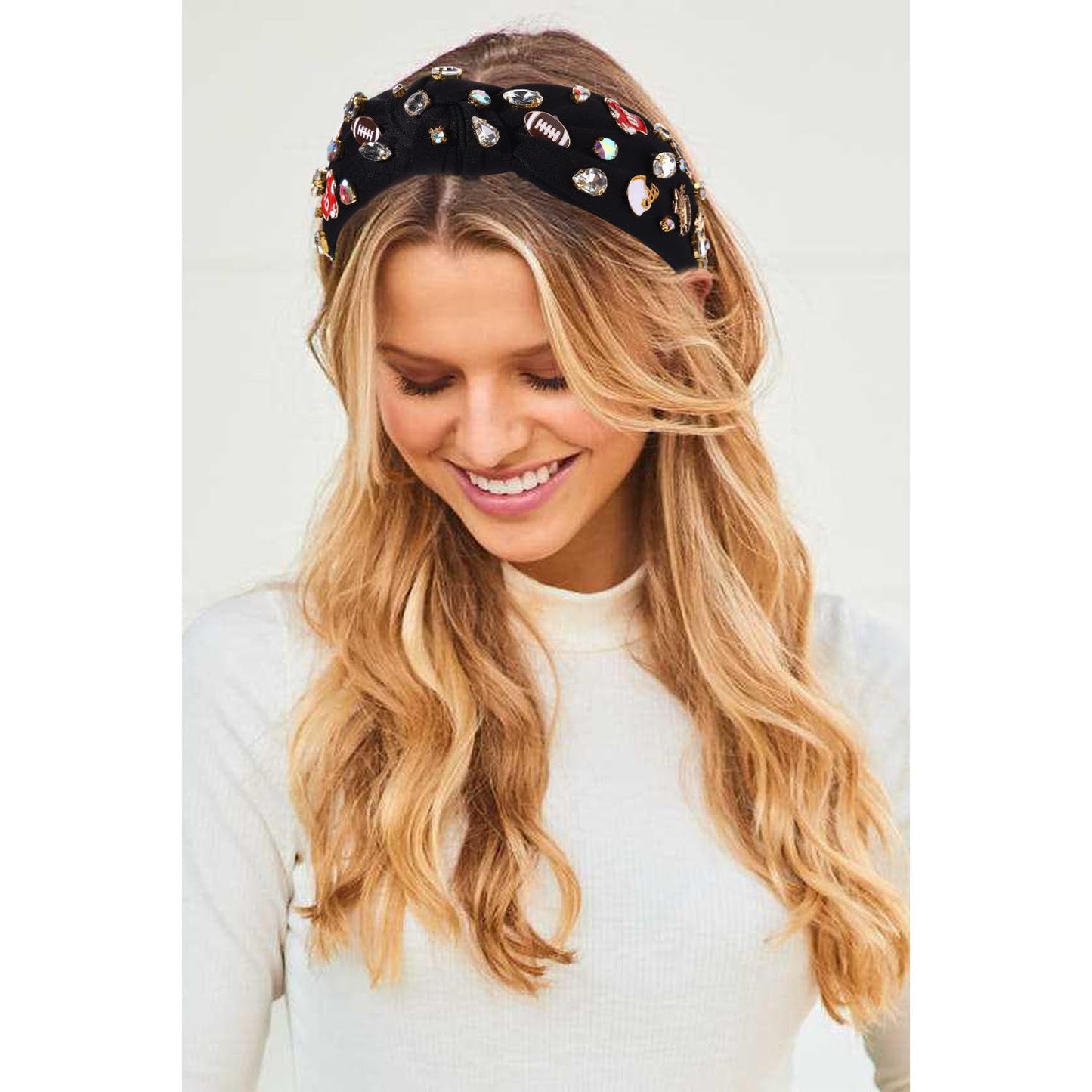 mokkia Football Headband for Women Football Mom Accessories Crystal Rhinestone Jeweled Wide Top Knot Headband Game Day Sports Hair Accessories Gift (Black)