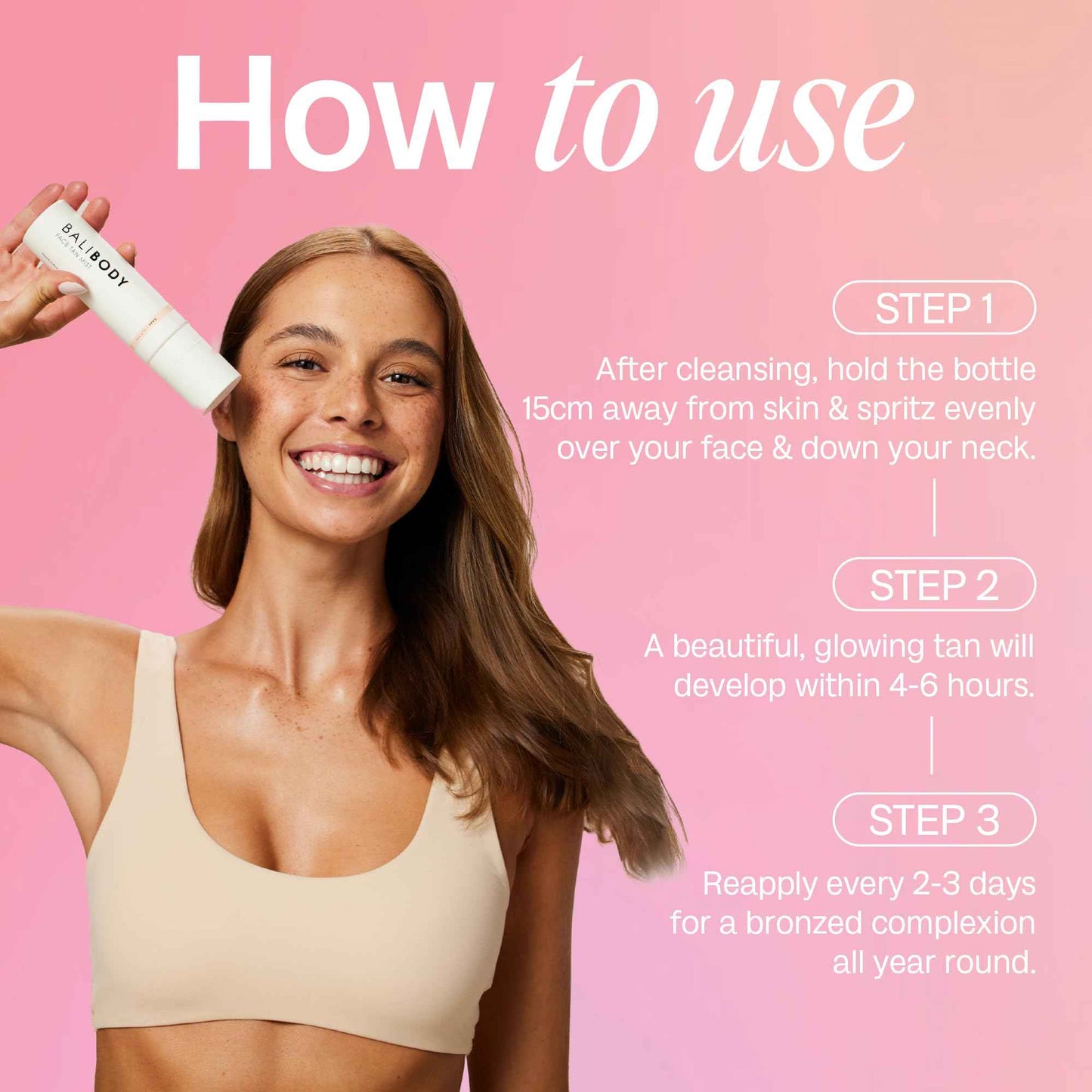 Bali Body Face Tan Mist - Dark Shade | Streak-Free, Fast Drying Facial Self Tanner | Hydrating Soothing Formula for All Skin Types | Vegan, Cruelty Free, Australian Made (70 ml/2.3 fl oz)