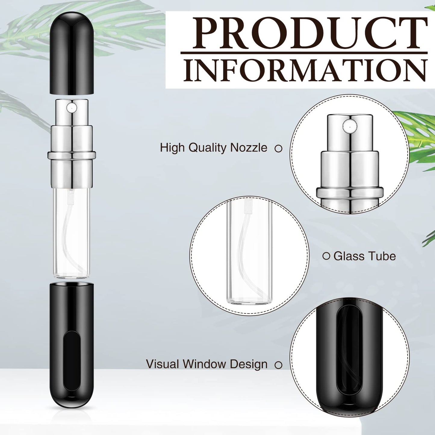 Bright Black Refillable Perfume Atomizer - 5 ml Mini Spray Bottle with 10 Dispenser Pumps - Travel Perfume Bottle Case