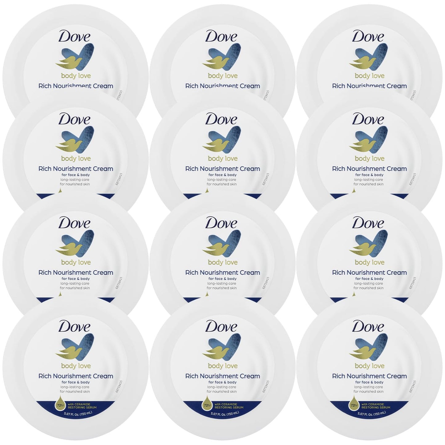 Dove Body Love Rich Nourishment Cream, Face, Hand and Skin Lotion for Extremely Dry Skin, Fast-Absorbing 72-Hour Moisturizing Formula with Ceramide Serum, 5.07 FL OZ (Pack of 12)