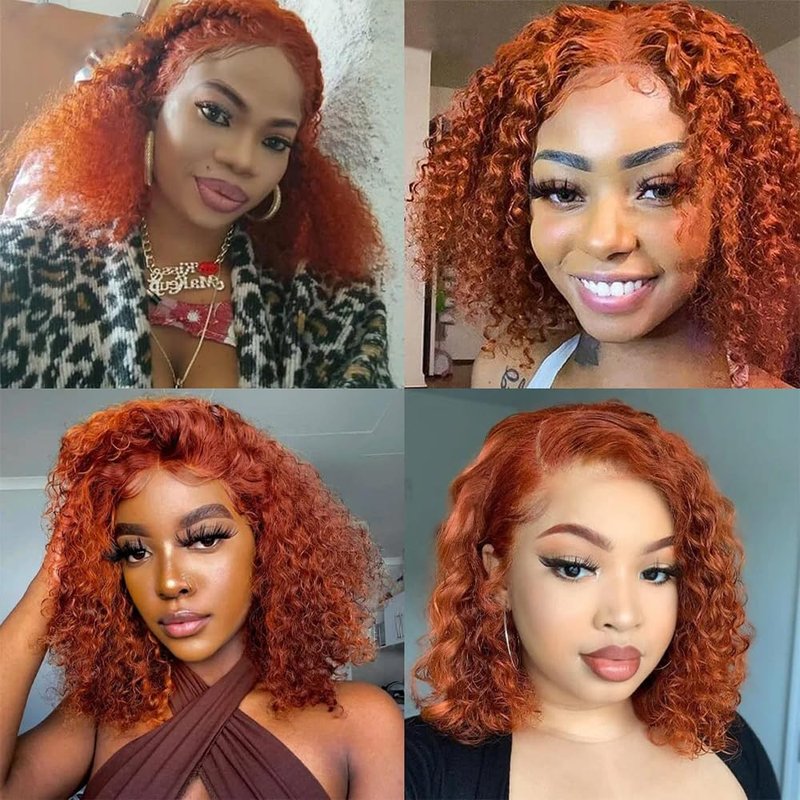 GOLFMAX 8-Inch Curly Bob Wig - Ginger Lace Front Human Hair | Water Wave, Pre-Plucked 13x4