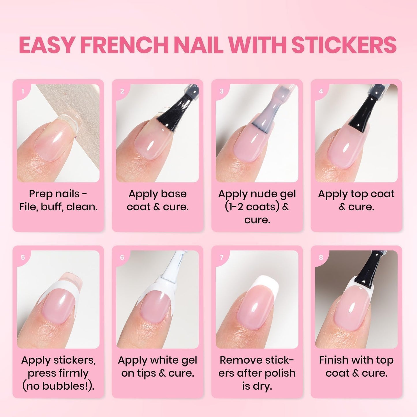 Beetles French Tip Gel Polish - Blush Moonlight, 2 Colors HEMA-Free Summer White Pink Gel Nail Polish Set 15ML with Styles Stickers, Same Color Bottle, Soak Off UV LED Nails