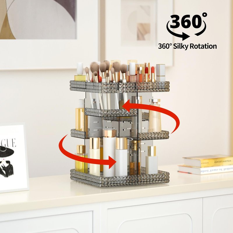 BOCONY Rotating Makeup Organizer, Large Capacity Cosmetic Display Case, Acrylic Skincare Organizer with Brush Holder, Makeup Storage Organizer for Dresser Countertop and Bathroom Vanity - Black