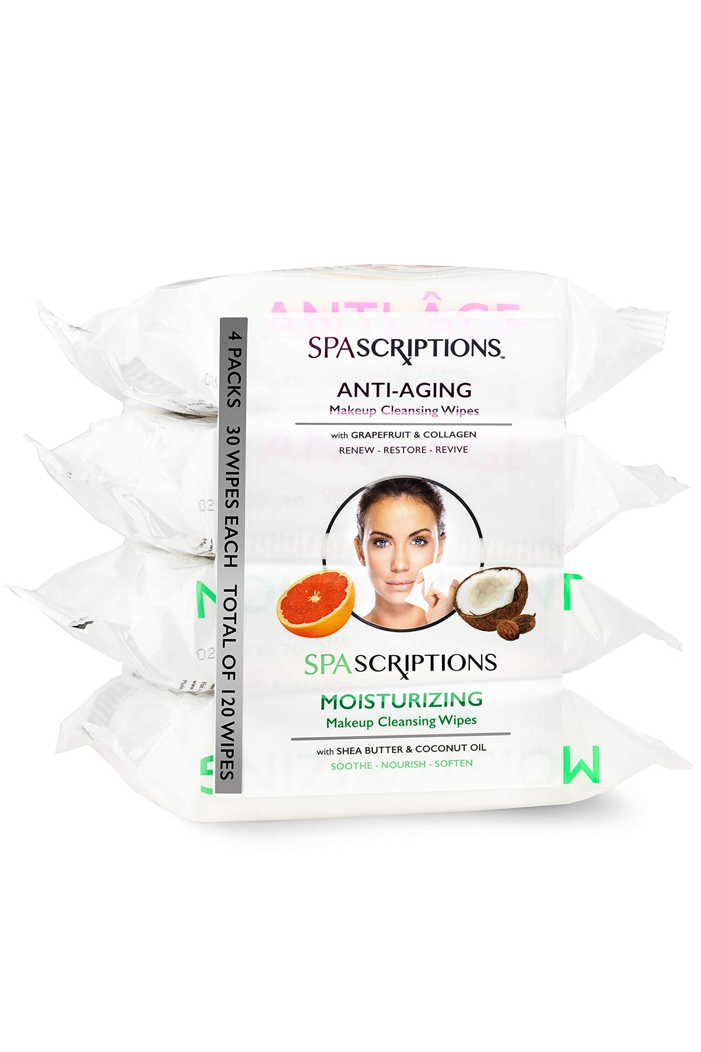 Spascriptions Cleansing Makeup Removal Wipes Bulk - Great for travel toiletries - 120 Count (4-Pack) (AntiAging/Moisturizing)