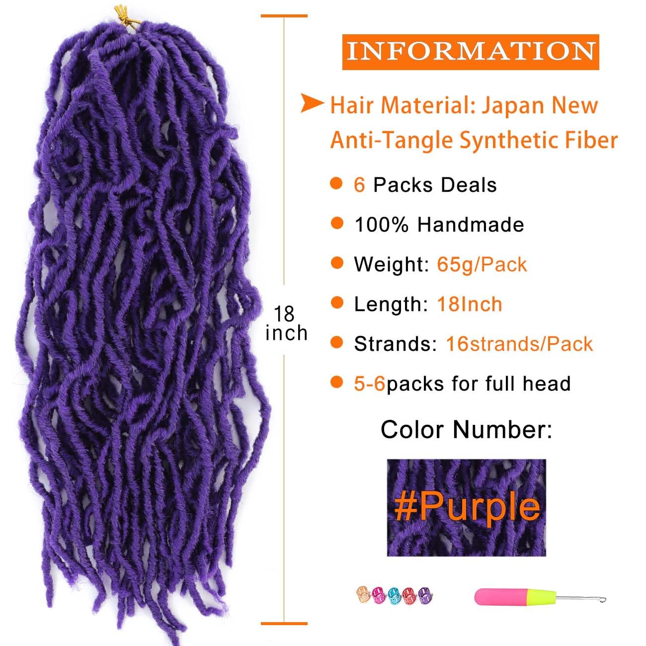 Purple Soft Locs Crochet Hair - 18 Inch Faux Locs Pre-Looped Knotless Braids for Natural Curly Styles