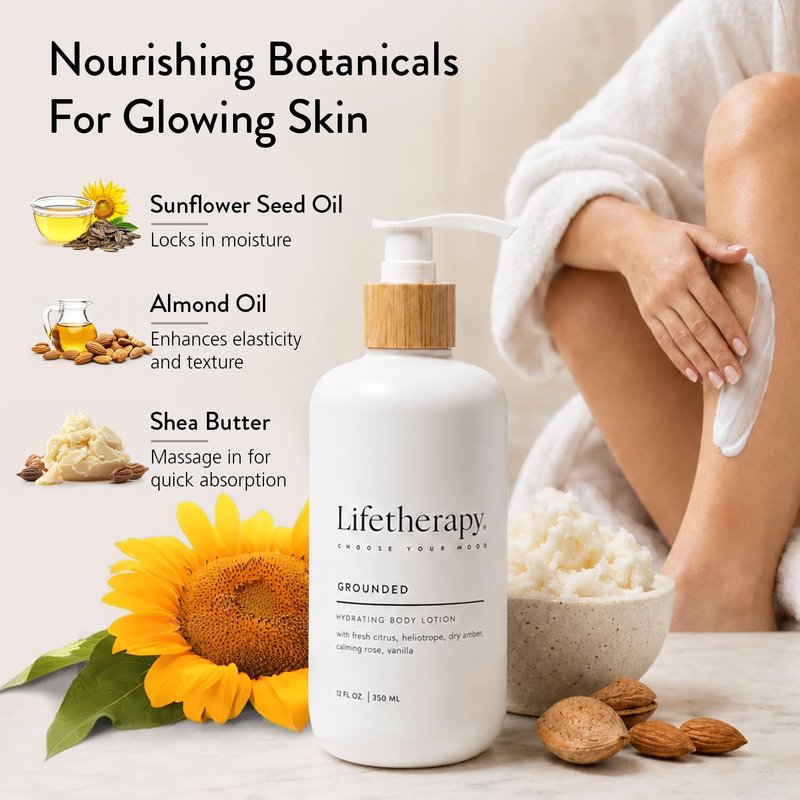 Lifetherapy Body Lotion for Dry & Sensitive Skin, Hydrating Lightweight Non-Greasy Moisturizer, Vegan Gluten Free Clean Beauty, Grounded Fragrance, Daily Use for Women & Men 12oz