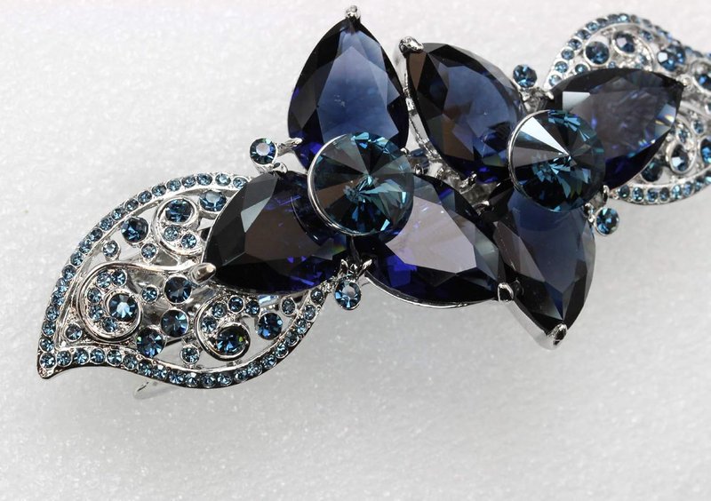 Navy Blue CZ Crystal Floral Hair Barrette Clip - Heavy Duty Design