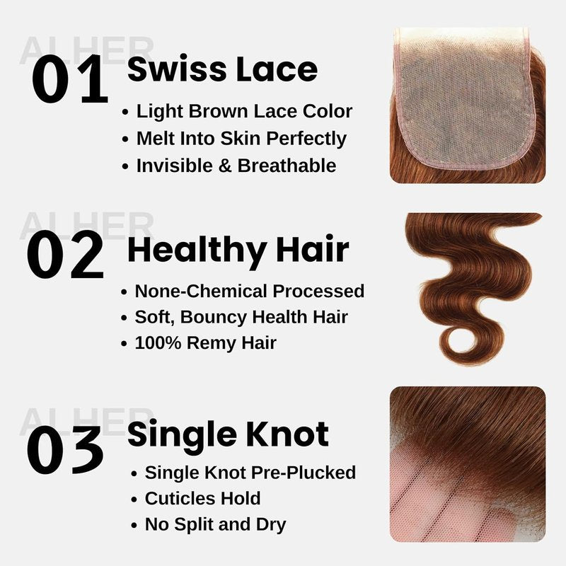 33 Reddish Brown Body Wave Lace Closure - 100% Virgin Remy Human Hair, 10 Inch, Pre-Plucked with Baby Hair