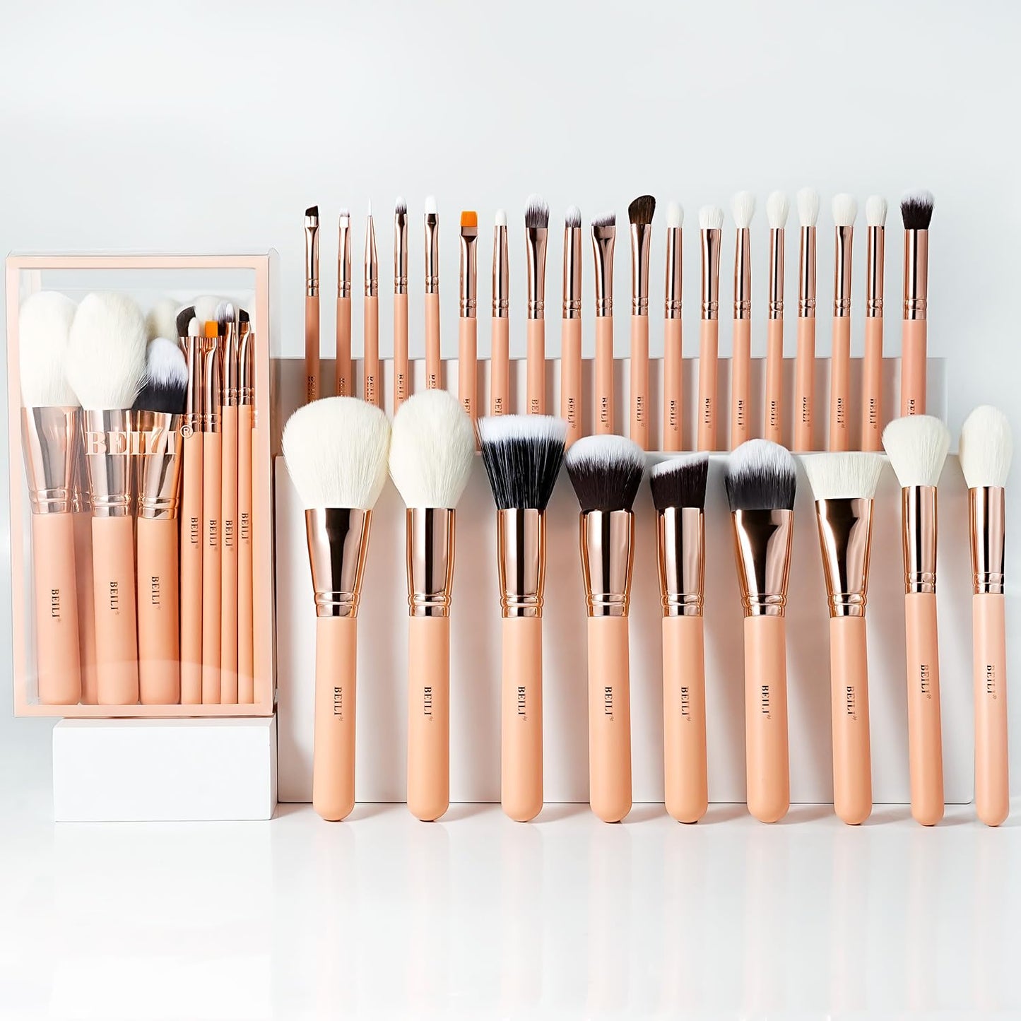 BEILI Makeup Brushes 28pcs Pink Makeup Brush Set Premium Goat Synthetic Kabuki Foundation Blending Brush Face Powder Blush Concealers Eye Shadows Make Up Brush Set(Pink/Rose Gold)