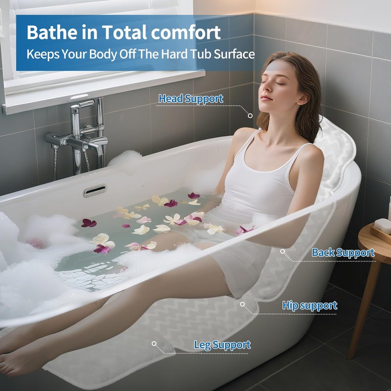 MYОGMK Bath Pillows for Tub Full Body, Thick Bathtub Cushion for Headrest Neck and Back Support with Laundry Bag White