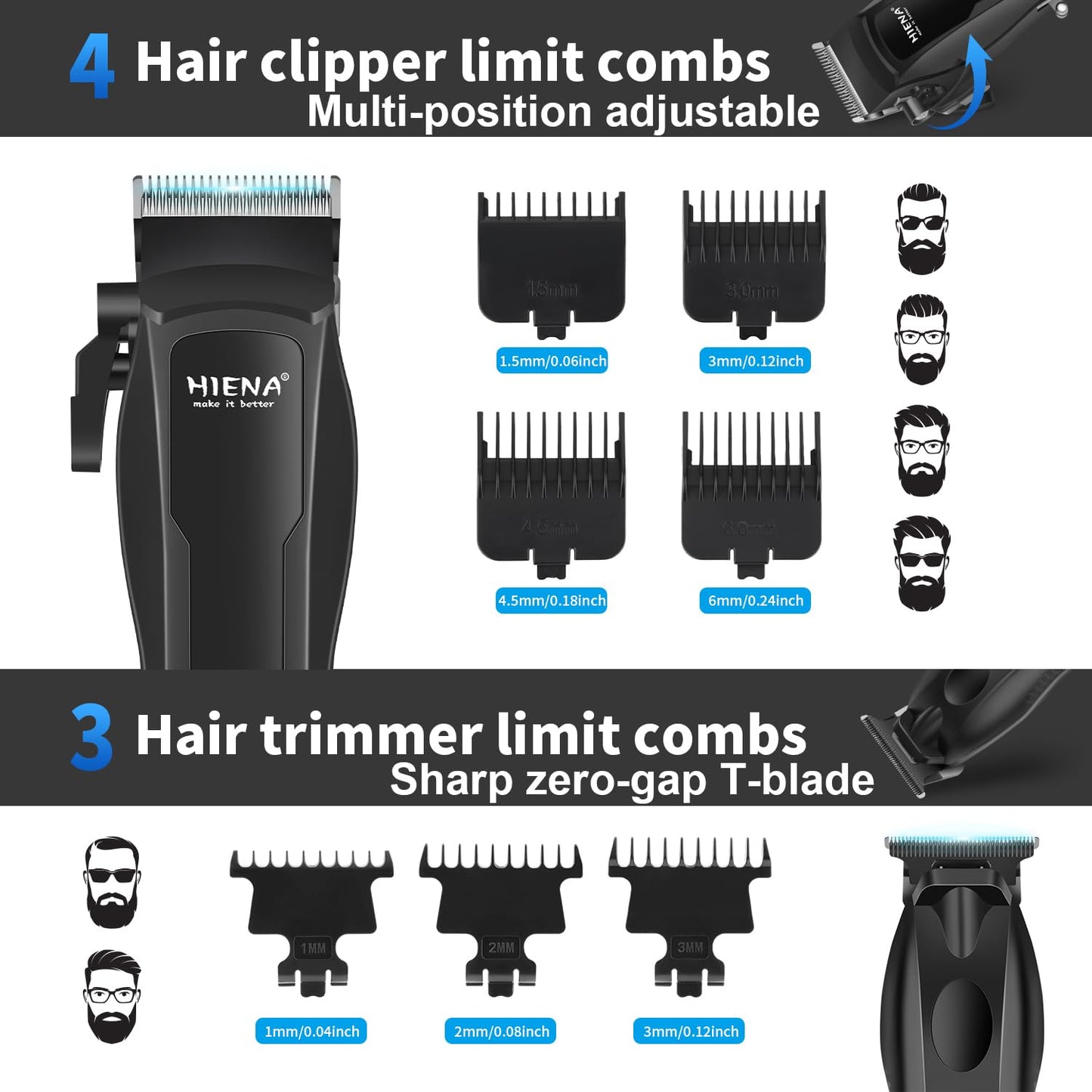 HIENA PRO Hair Clippers for Men Professional, Cordless Barber Kit with Electric Hair Clipper & T-Blade Beard Trimmer Foil Shaver, Men's Hair Cutting Kit