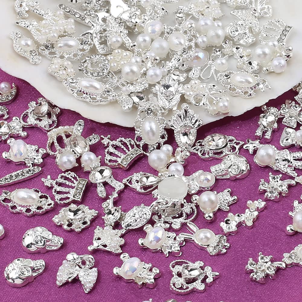 50pcs Luxury Nail Rhinestones Random Silver Nail Charms 3D Alloy Butterfly Nail Art Charms Metal Bowknot Bear Nail Gems Heart Star Flower Charms for Nails Mix Styles Nail Jewels for Nail Art Supplies