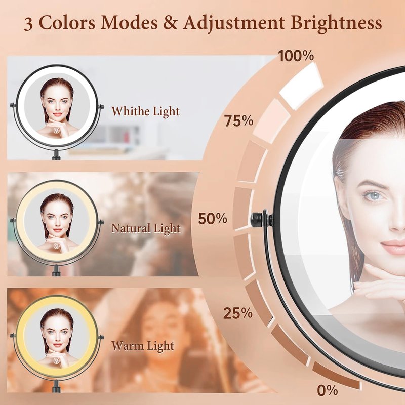 rndecuck 8" Lighted Makeup Mirror with Magnification 10x and 3 Color Light 2500mAh Rechargeable Height Adjustable 360° Rotation Double Sided LED Vanity Mirror for Desk (Black)