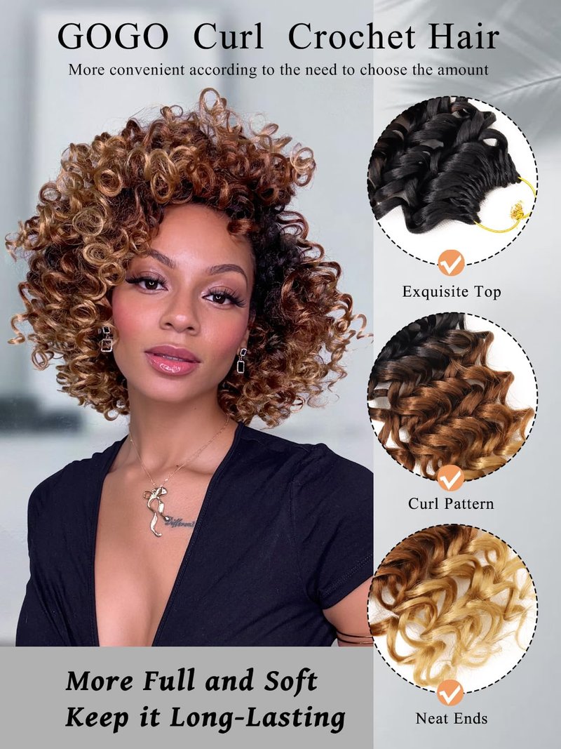 Gowit Gogo Curl Crochet Hair 8 Inch 6 Packs Short Curly Crochet Hair for Black Women Ombre Brown Blonde Deep Ocean Wave Synthetic Crochet Braids (8inch,T3027)