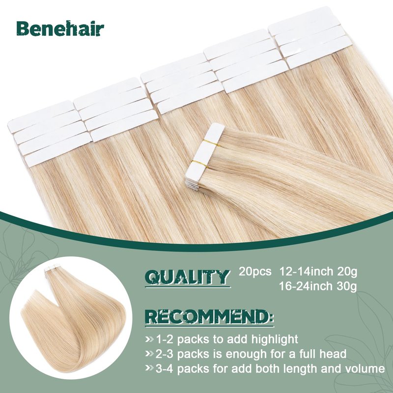 Benehair Remy Tape in Hair Extensions Human Hair Ash Blonde&Bleach Blonde Seamless Skin Weft Tape in Real Human Hair Extensions Straight Hair 16 Inch 30g #18P613 20 pcs