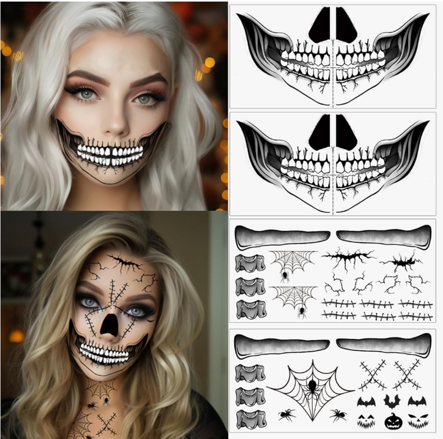 8 Sheets Halloween Temporary Face Tattoos Stickers,Mouth Scar Skeleton Hand Temporary Tattoos Adult, Body Makeup Cosplay Festival Rave Face Stickers Halloween Decorations