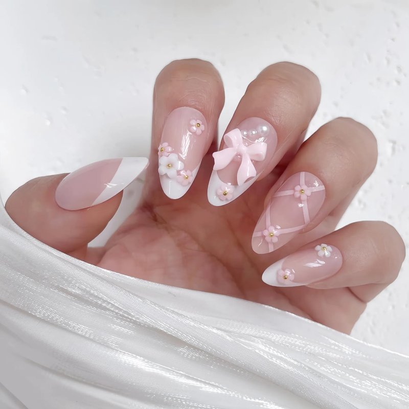 24PCS Blush Pink French Almond Press-On Nails – Medium Length Fake Nails with 3D Bow & Flower Design, Soft Back & Durable Tip, Reusable Stick-On Nail Tips with Glue & Tools for Women