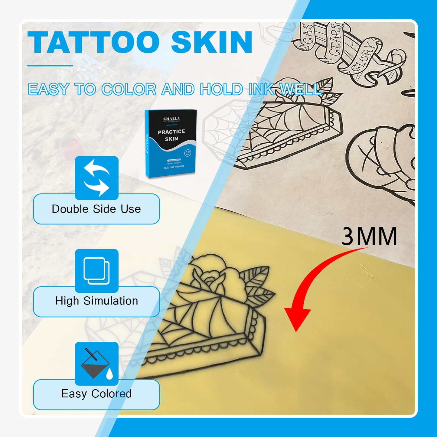 Emalla 3mm Premium Tattoo Fake Skin, 10Pcs Silicone Practice Skin for Practice Double-Sided Use 7.4"x5.6" Soft Skin for Artists and Beginners Tattoo Supplies
