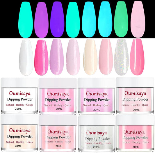 Glow in the Dark Nail Dip Powder Pink White French Colors Starter 8pcs Set