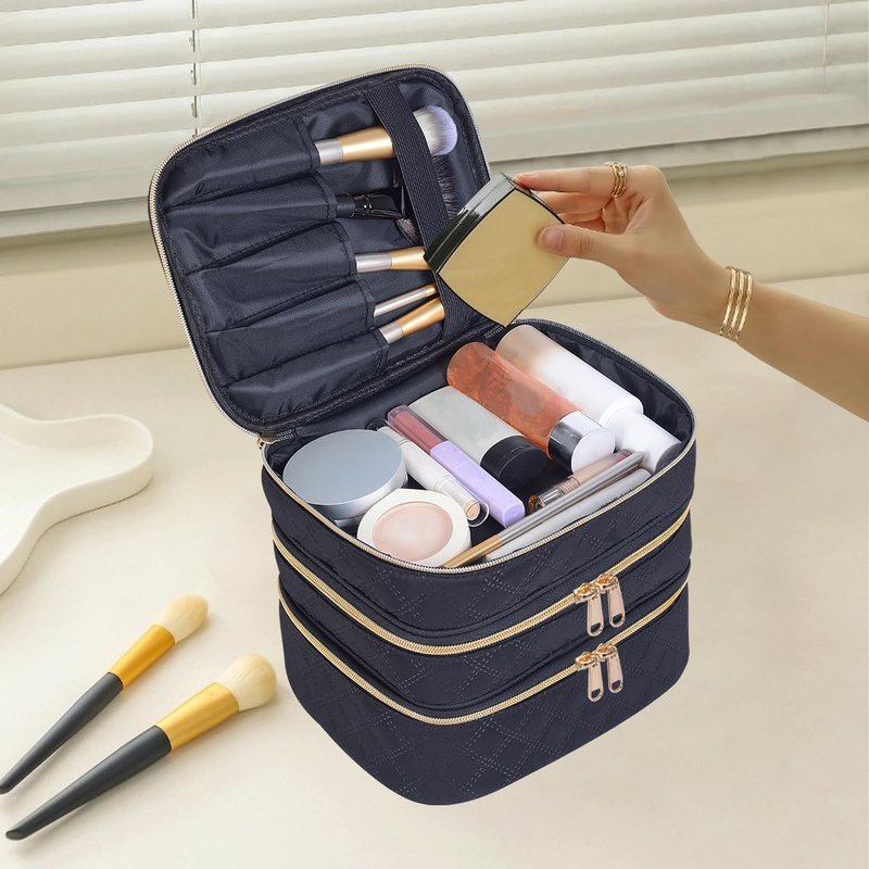 LANDFOBO Large Makeup Bag 3 Layers with Handle Travel Makeup Bag Organizer Toiletry Accessories Bottles, Brushes, and Skin Care Products (Blakc)