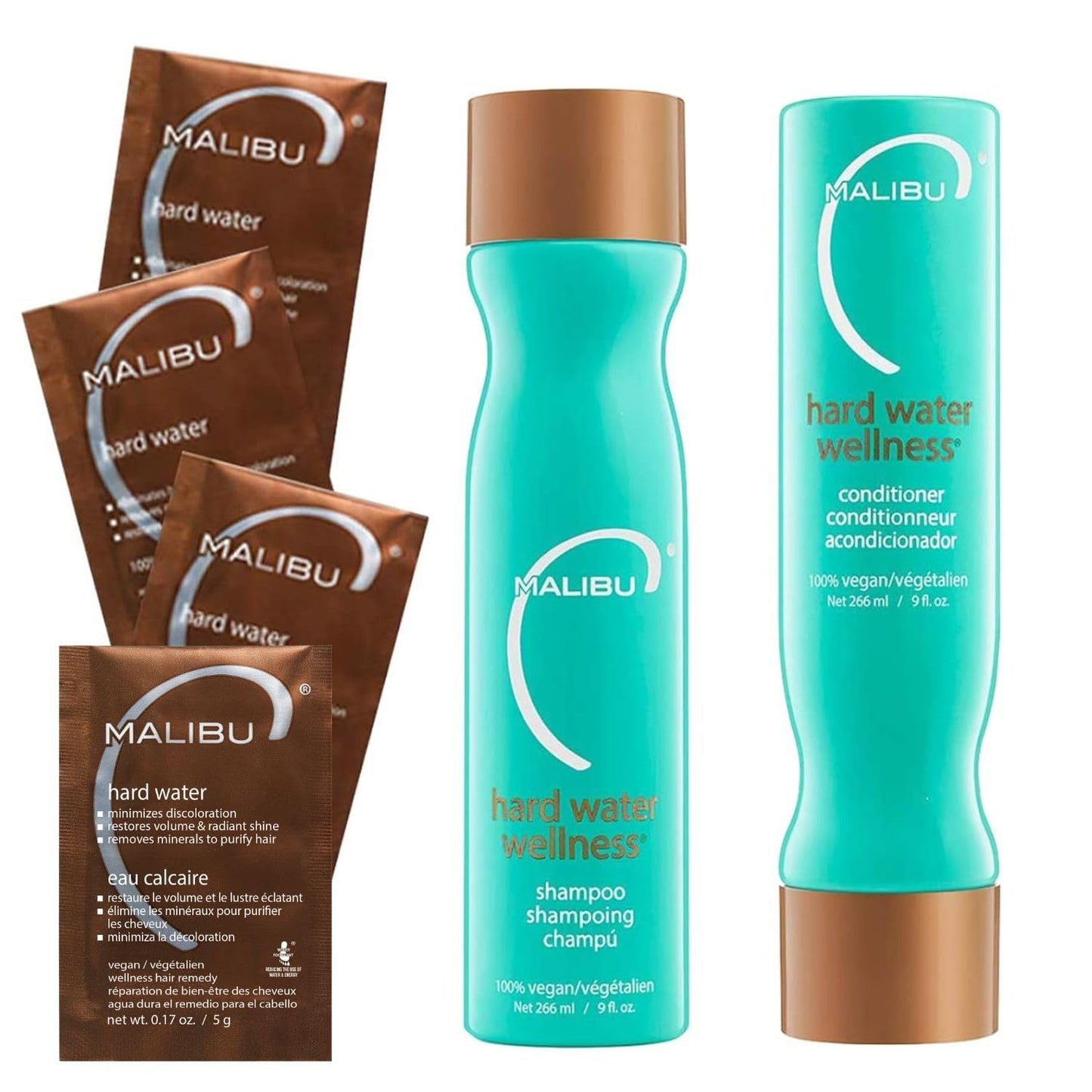 Malibu C Hard Water Wellness Remedy - Hard Water Shampoo, Conditioner & Hair Mask Packets for Removing Deposits and Impurities - Hydrating Hair Care Set (6 Ct)