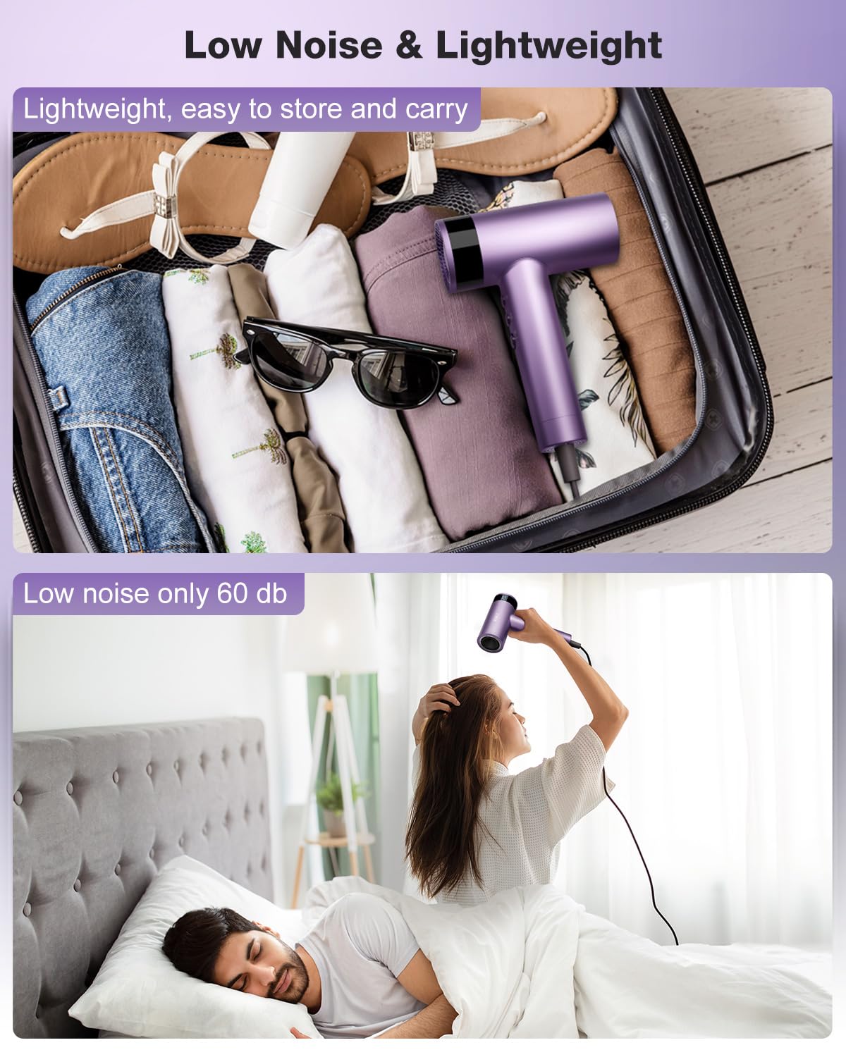 High-Speed 1500W Hair Dryer - Fast-Drying Ionic Technology | 4 Heat Settings, Low Noise, Purple