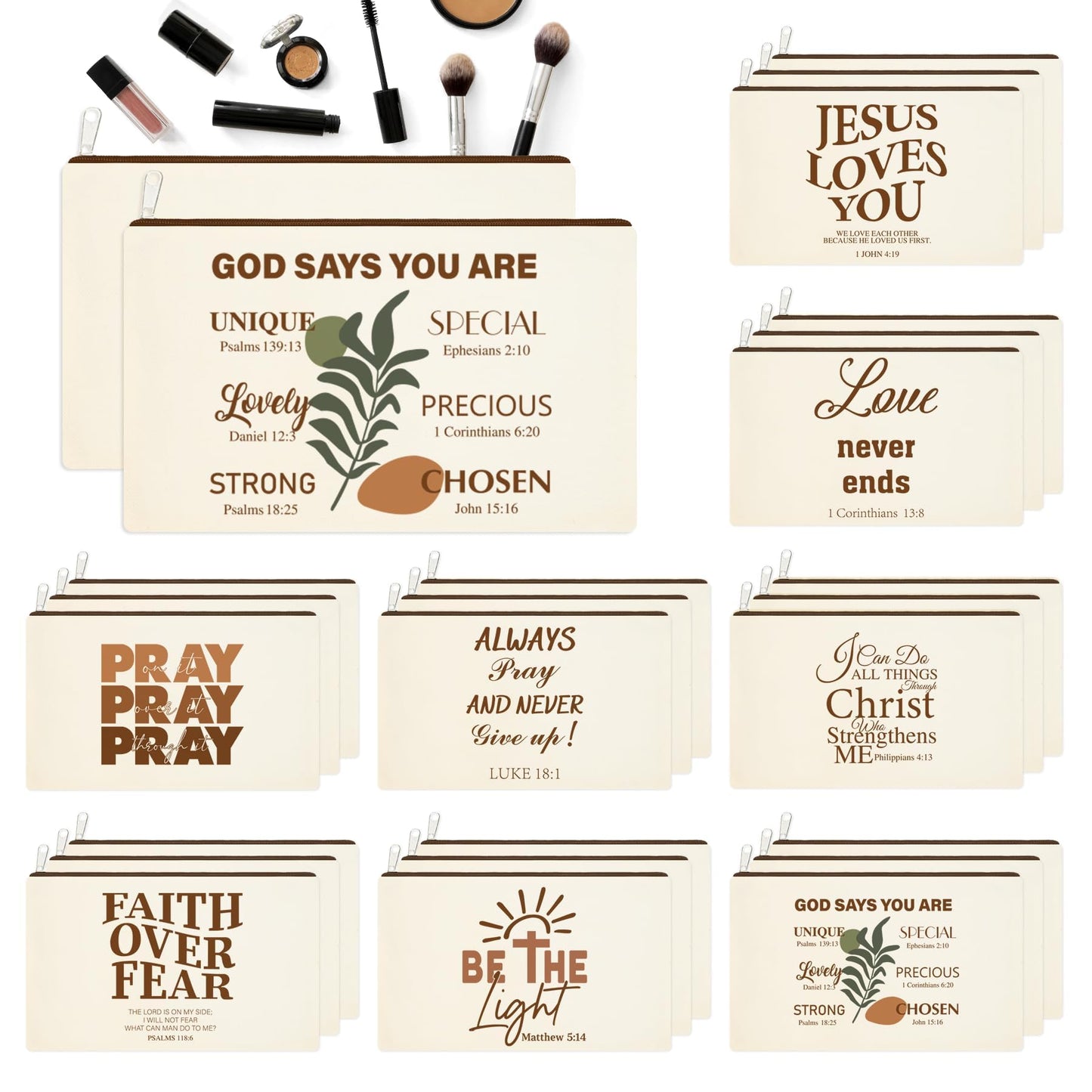 Kuabiz 24 Pcs Christian Makeup Bags Bulk for Women Boho Bible Verse Cosmetic Bags Christian Gifts Inspirational Canvas Pouches with Zipper for Cosmetics Journaling Motivational Supplies