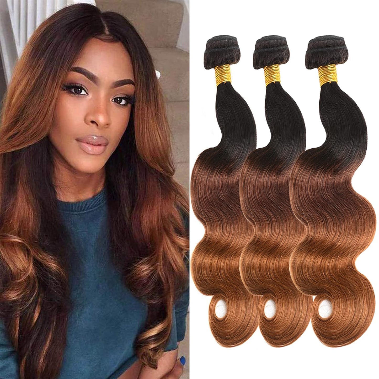 Ratheinhi T1B/4/30 Brown Bundles Human Hair 14 16 18 Inch Ombre Bundle Body Wave Human Hair Bundles Brown 3 Tone 3 Bundle Unprocessed Brazilian Virgin Quick Weave Hair for Black Women