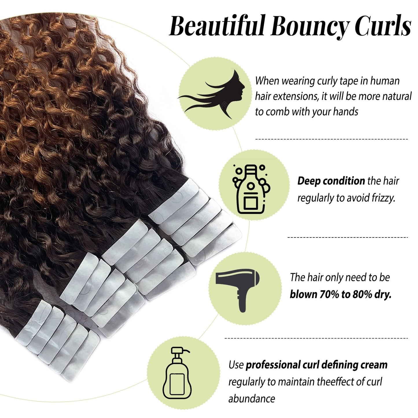 Curly Tape in Human Hair Extensions Ombre Brown to Medium Auburn Jerry Curly Hair Extensions Tape ins Extensions 18 Inch Double Sided Glue in Remy Hair 20pcs 50g for Women
