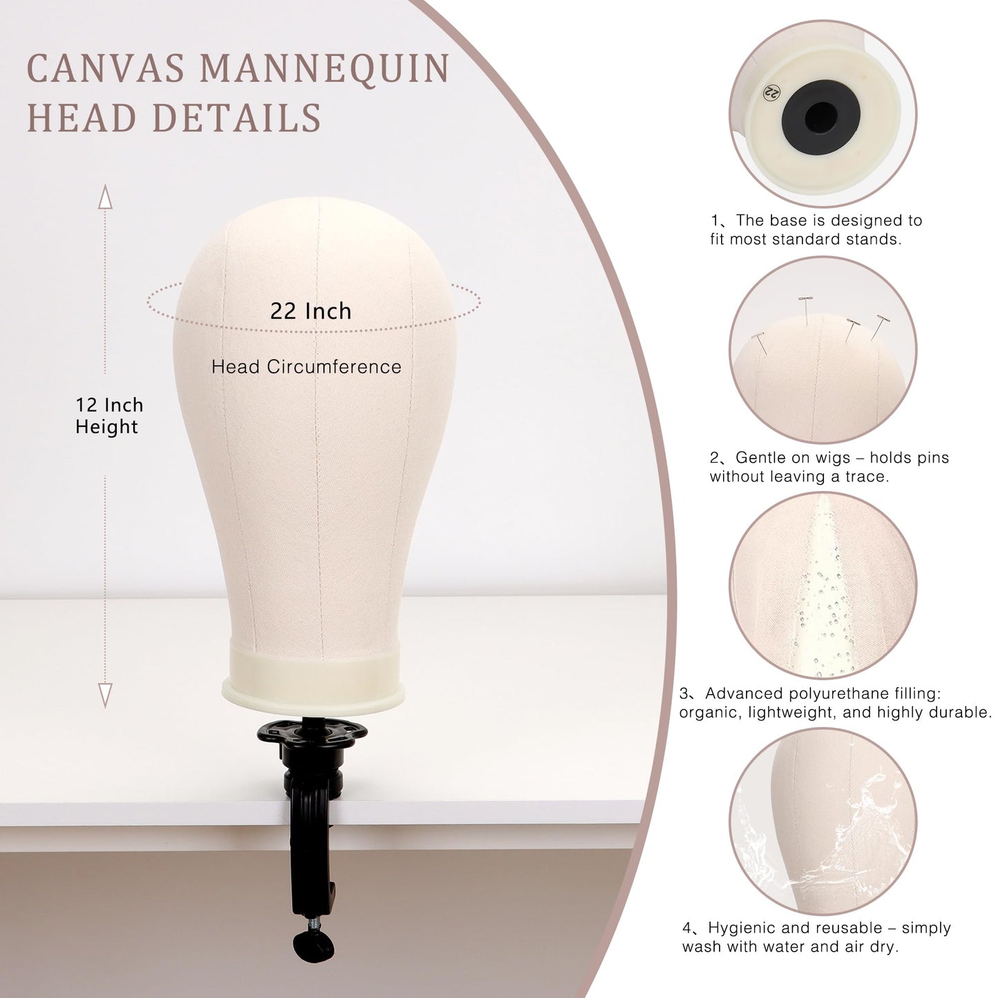 Wig Stand with Head 22 Inch Canvas Mannequin Head Set, 61'' Adjustable Tripod Wig Head Stand for Wig Making, Styling, Braiding, Professional Wig Mannequin Head Kit with T Pins, Wig Caps & Tools