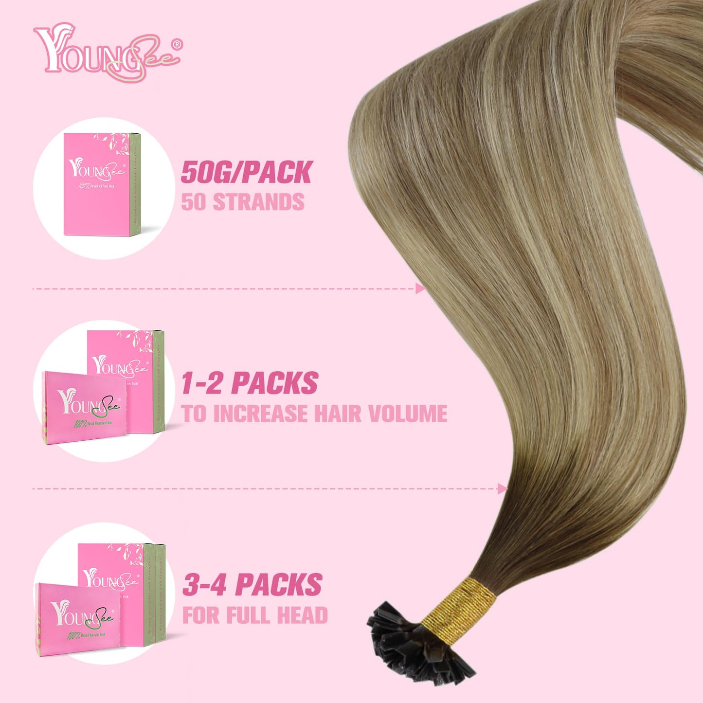 YoungSee Ktip Hair Extensions Human Hair Balayage K Tip Extensions Dark Brown Ombre Brown with Blonde 14 Inch Soft 50s/50g