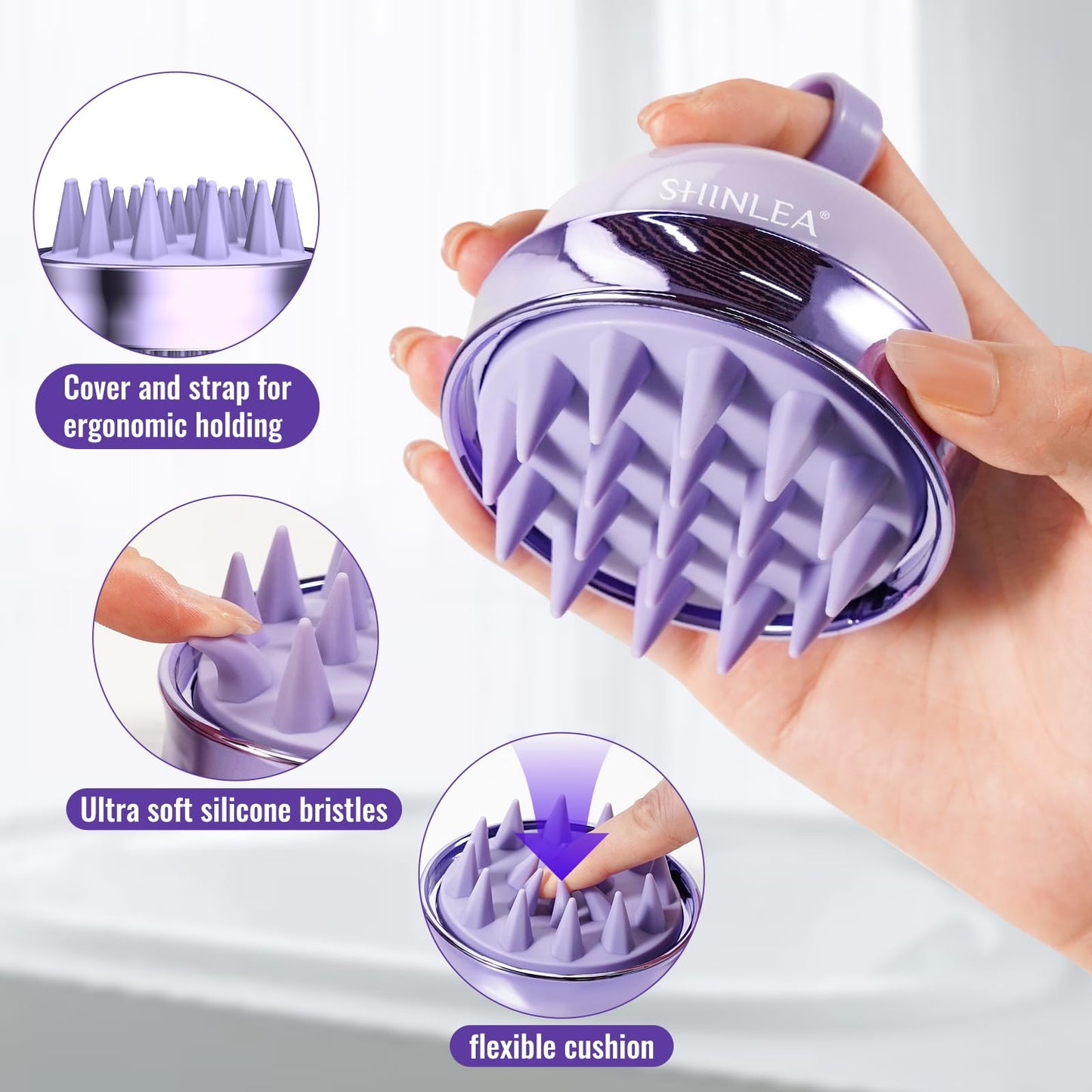 SHINLEA 2 in 1 Scalp Massager Hair Growth,Scalp Scrubber with Soft Silicone Bristles for Dandruff Removal,Shampoo Brush for Exfoliation,Head Massager for Both Wet and Dry Use (Purple) ﻿