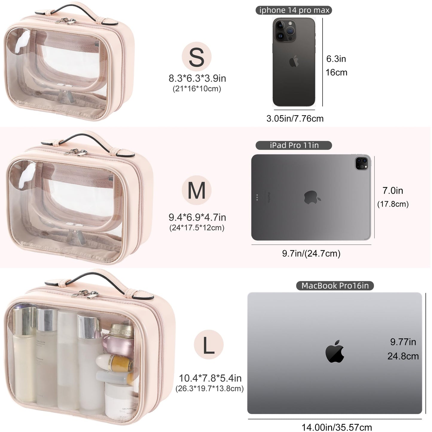 Veki TSA Approved Toiletry Bag Transparent Makeup bag Double Travel Cosmetic bags Case Waterproof Toiletries Bag Large Capacity Open Storage bag Organizer for Women and Girls (Large Pink)