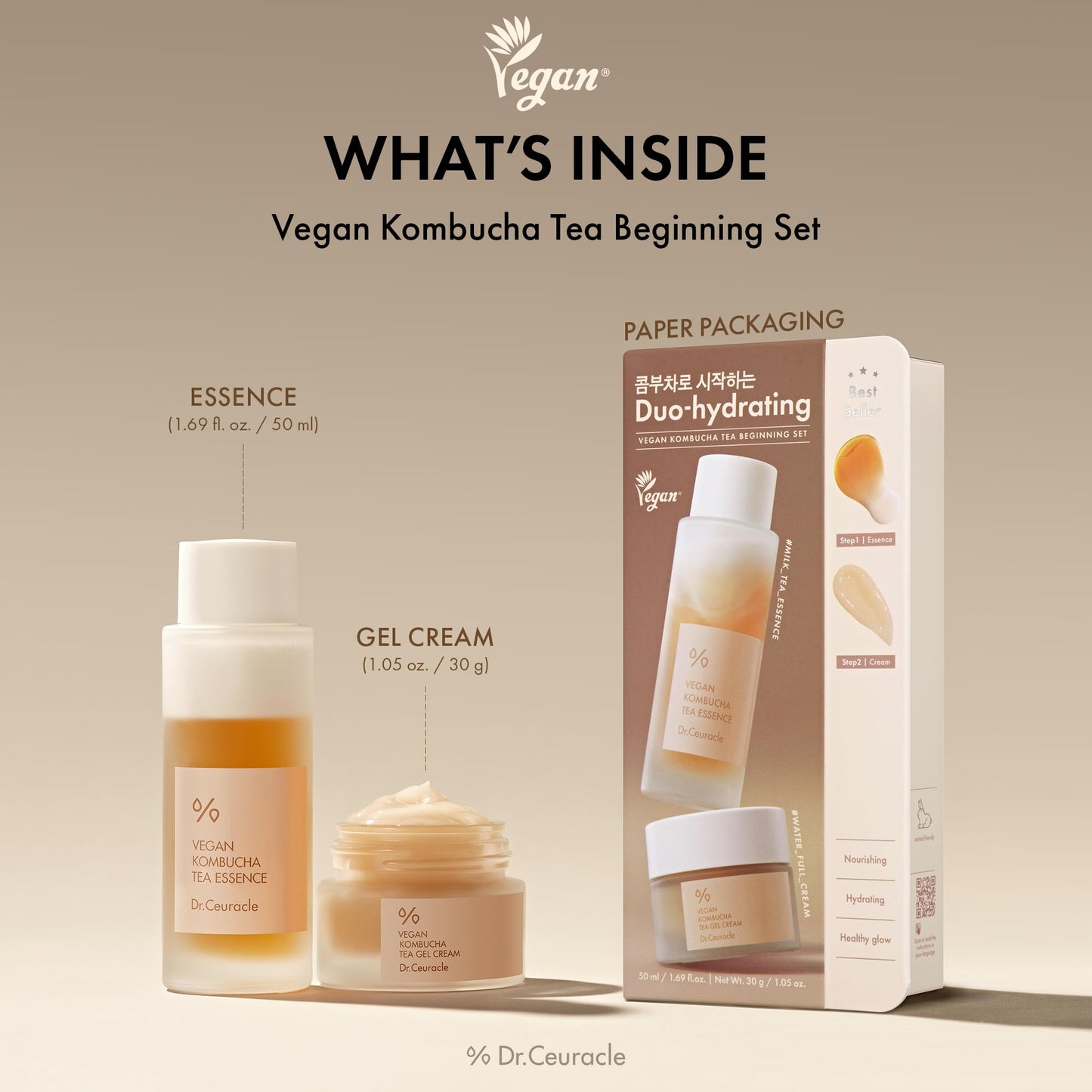 Dr.Ceuracle Vegan Kombucha Tea Essence and Gel Cream - Korean Skincare Gift Set for Holiday (Beginning Set)