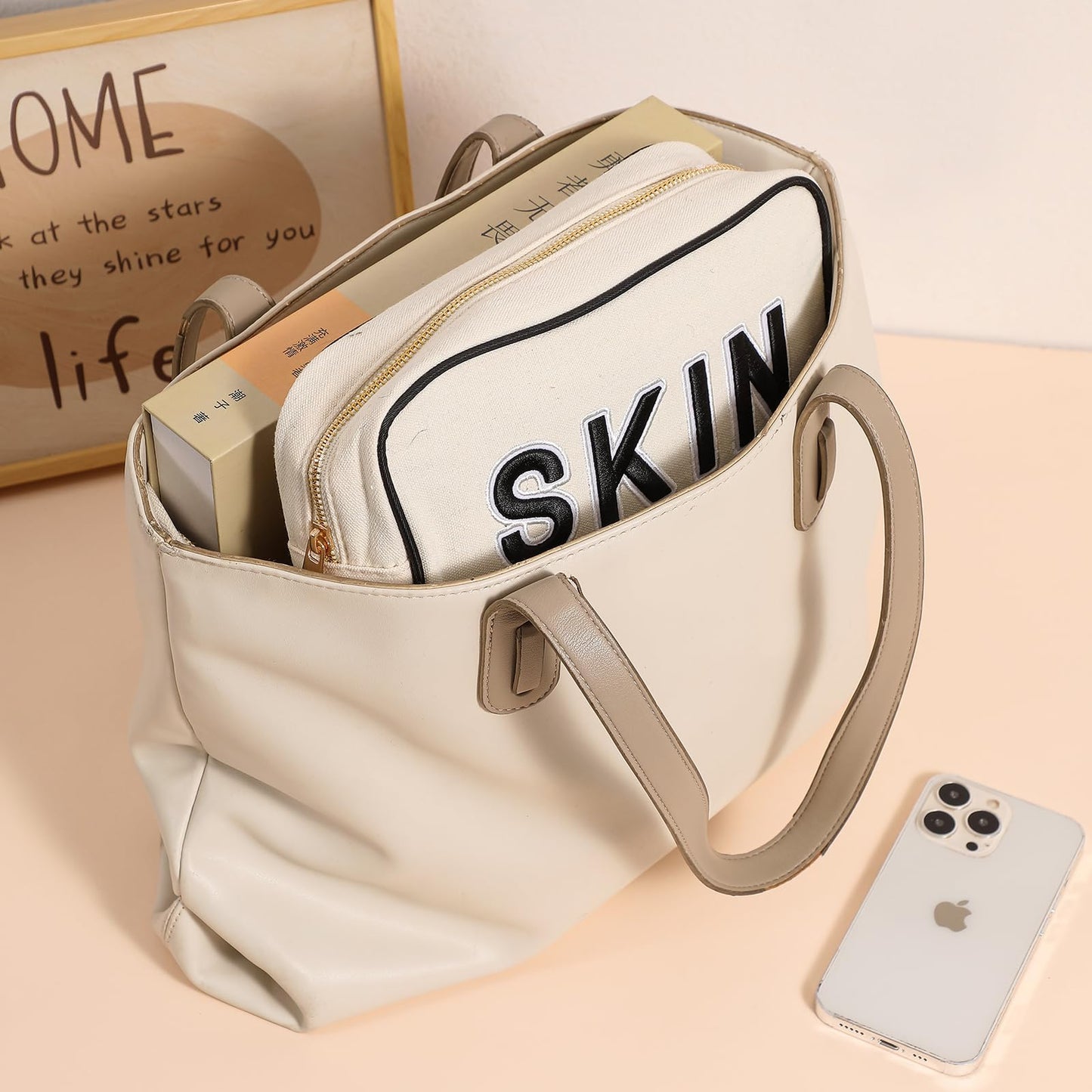 uekeboag 3Pcs Canvas Chenille Letter Makeup Bag Set, Small Travel Washable Organizer Bag for Purse with Zipper, Cute Personalized Gift Pouch For Women and Girls(Hair Skin Face)