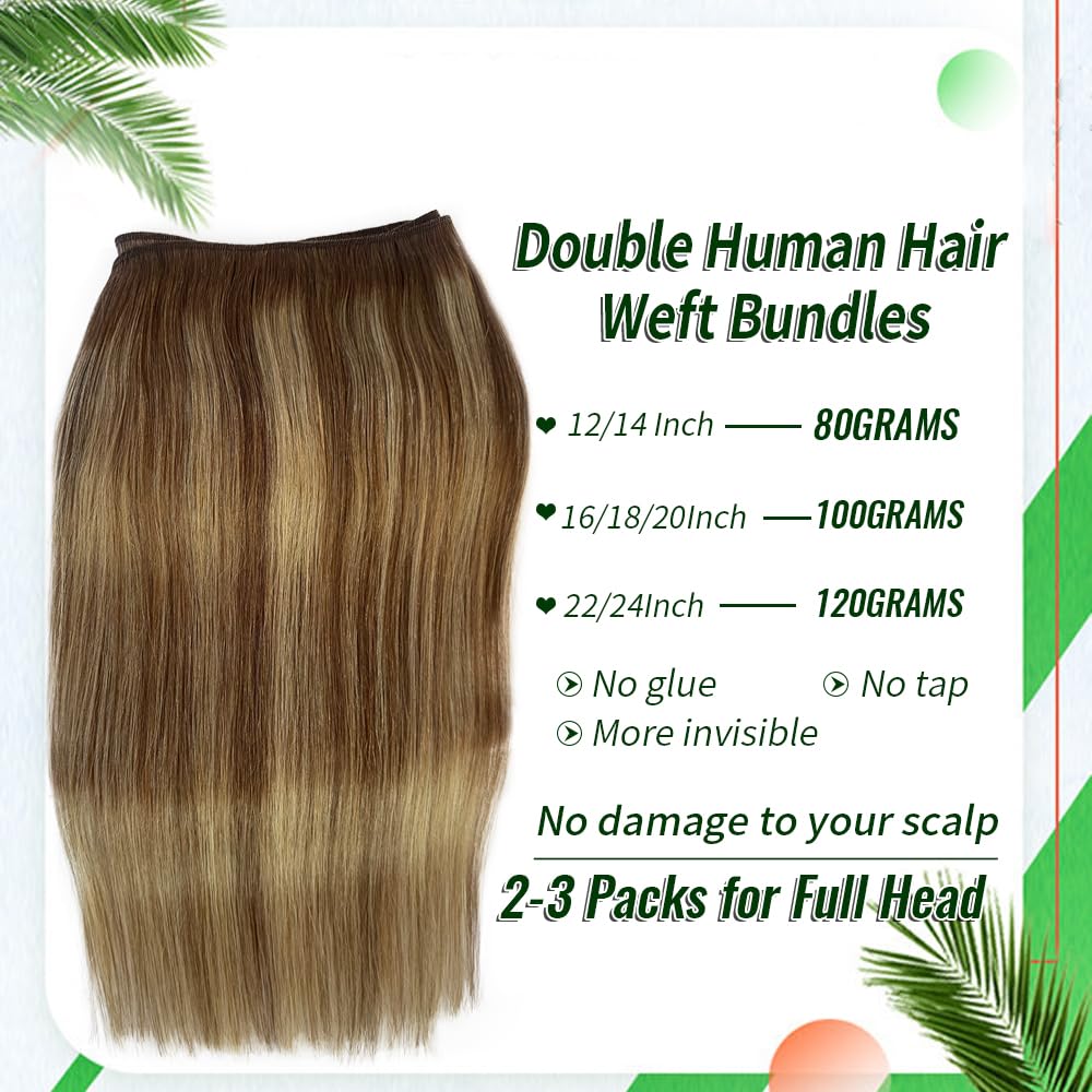 Balayage Highlights Hair Extensions Real Human Hair Sew in Double Weft Weave Bundles Hair Extension Ombre Chestnut Brown to Ash Blonde 14 Inch 80G