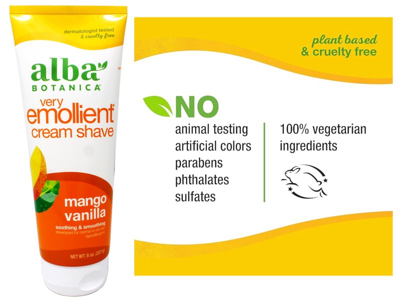 Alba Botanical Mango Vanilla Very Emollient Cream Shave, 8 Ounce Tubes (Pack of 4)
