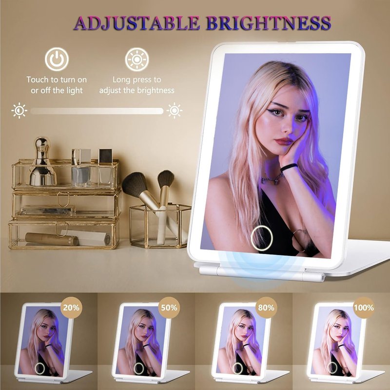 Lighted Makeup Mirror - 10X Magnification Folding Vanity Mirror | Rechargeable Travel Design, 72 LEDs, White
