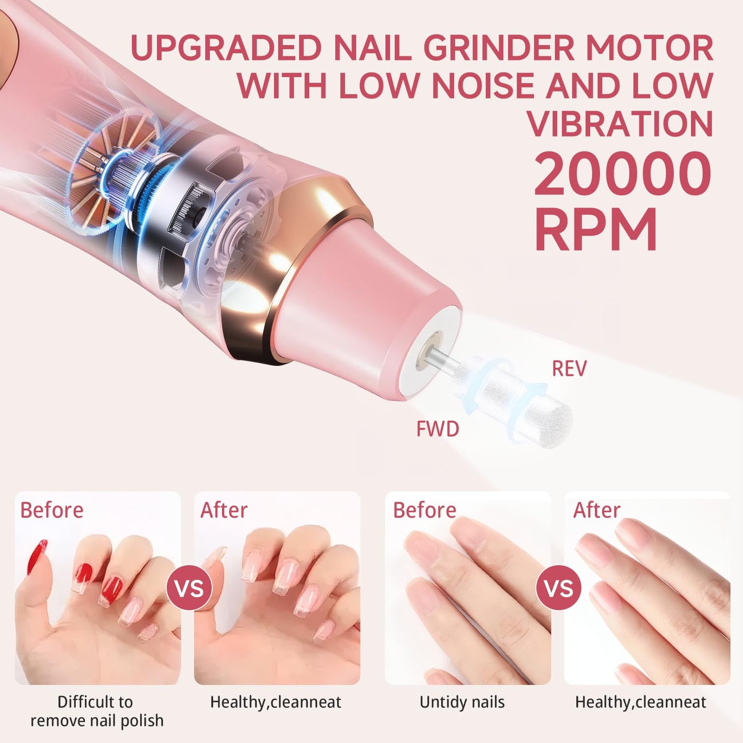 Cordless Nail Drill, Long-Lasting Electric Nail File, Low Noise Electric Nail Drill with 360° LED Light & 6 Speeds, Toenail Grinder for Thick Nail Toenail Cuticle Women Men Baby Pets