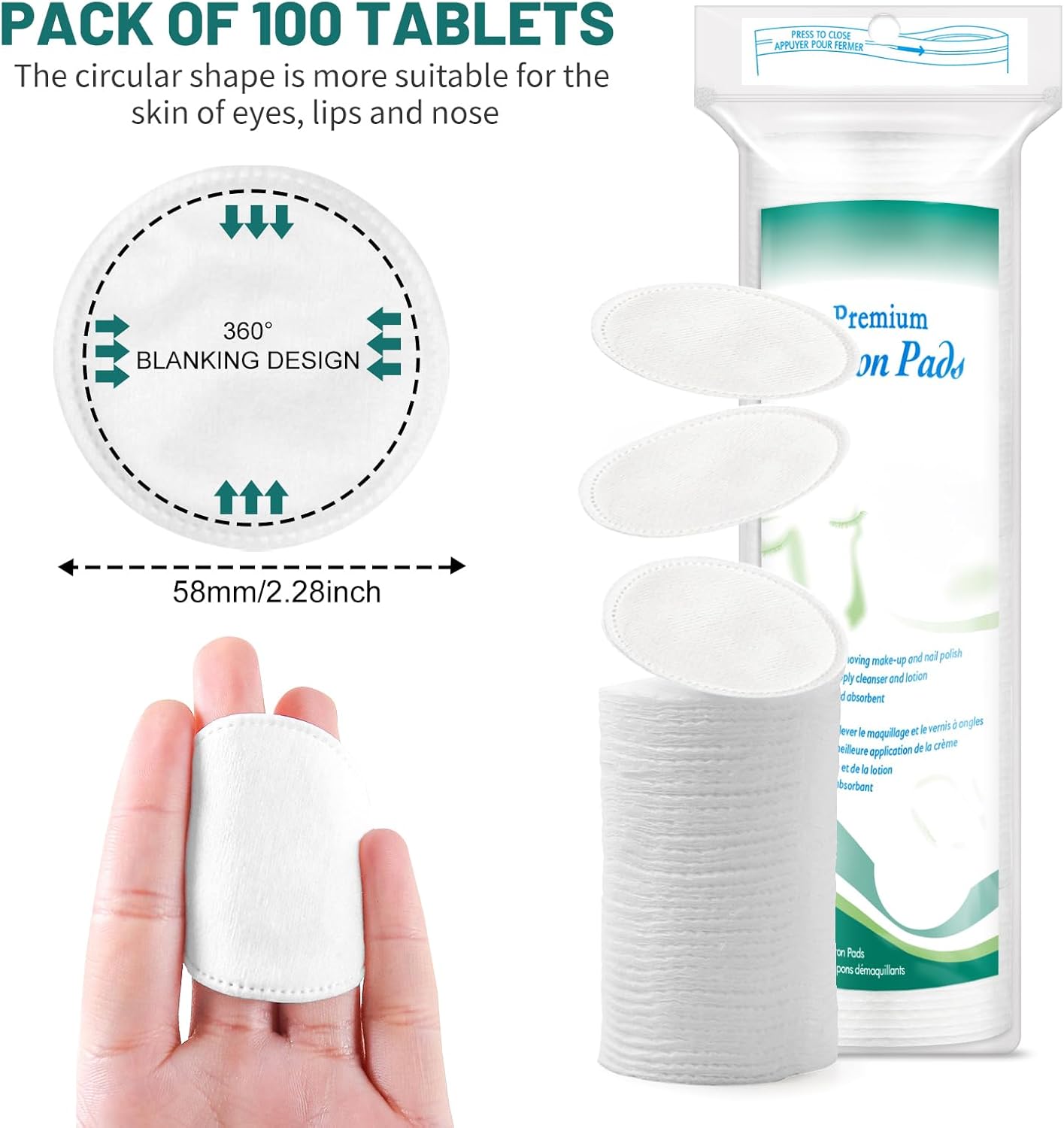 Premium Cotton Rounds for Face, 300 Count Makeup Remover Pads, 100% Pure & Natural Facial Cleansing Round Pads, Soft, Hypoallergenic, Lint-Free, Highly Absorbent