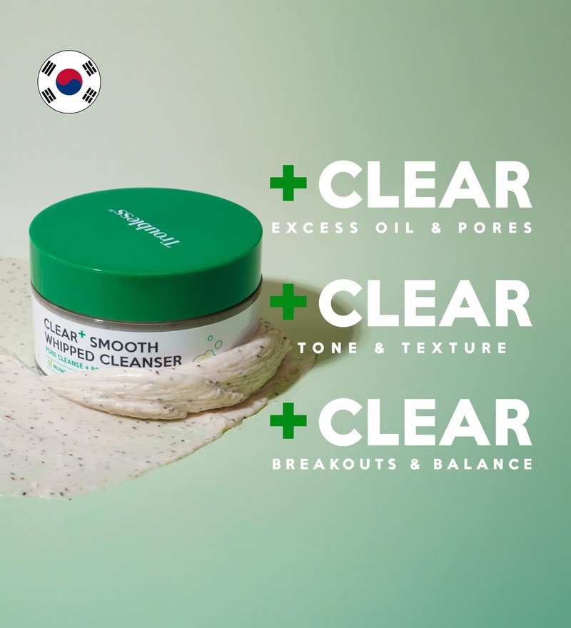Troubless CLEAR PLUS Smooth Whipped Cleanser – Korean Skin Care Mask-to-Foam Facial Cleanser w/Vitamin C, Mung Bean, Kaolin Clay & PHA – Pore-Refining & Hydrating Face Wash (2.70 fl oz)