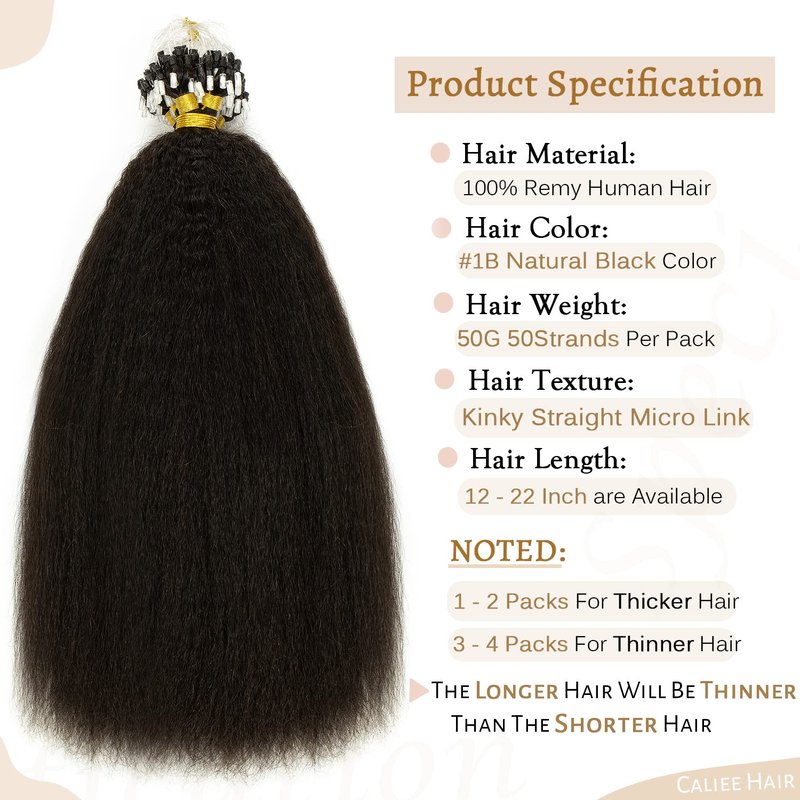 Caliee Microloop Hair Extensions Microlink Human Hair for Black Women Kinky Straight 16 Inch Micro Beads Hair Extensions Human Hair Natural Black 1B Color 50g 50s