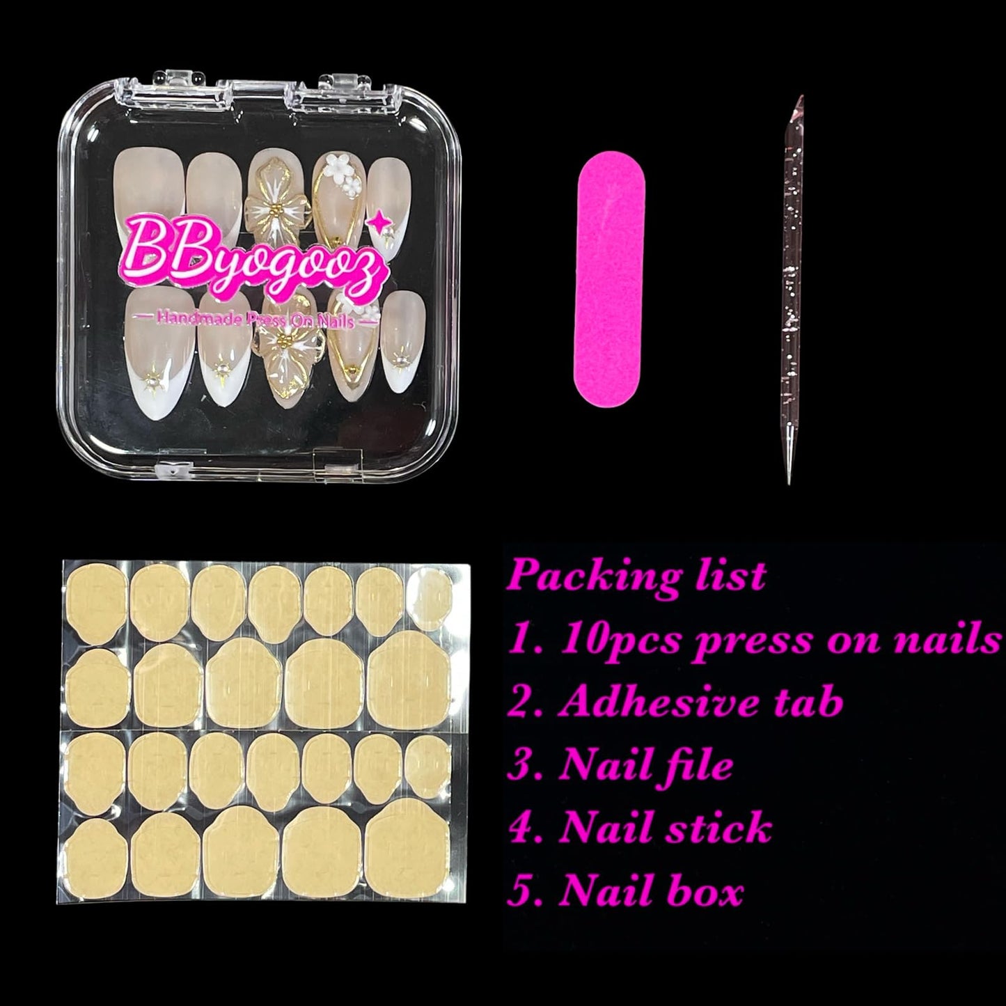 Handmade Press On Nails Medium Almond Shape White French 3D Floral & Star Design with Gold Accents | Elegant Fake Nails Reusable Acrylic Nail Tips with Crystals & Soft Beige Base (Elegant White, S)