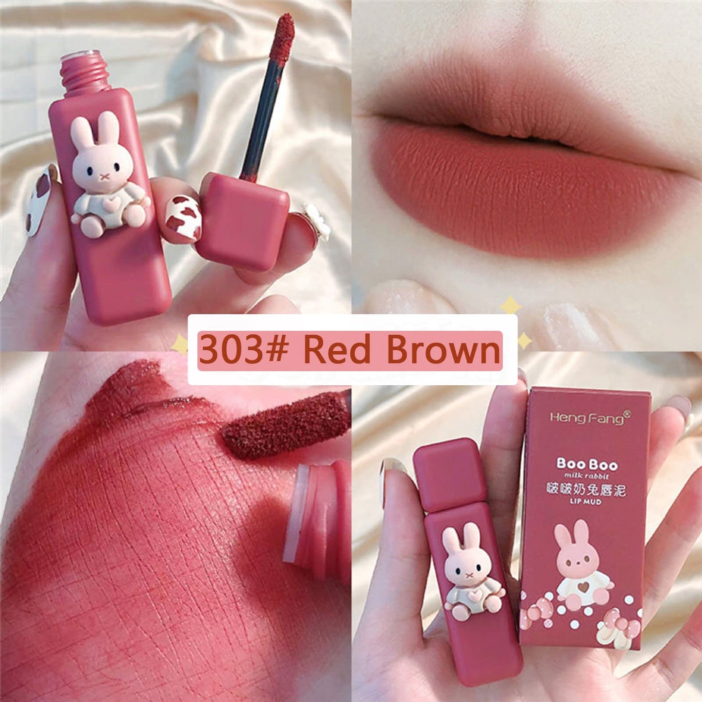 Domality 4pcs Bunny Rabbit Flavor Lip Gloss Set for Lips & Cheeks, 4 Colors Matte Velvet Mousse Liquid Lipstick, Soft Lightweight Smooth Lip Mud, Long Lasting Waterproof Lip Makeup Kit